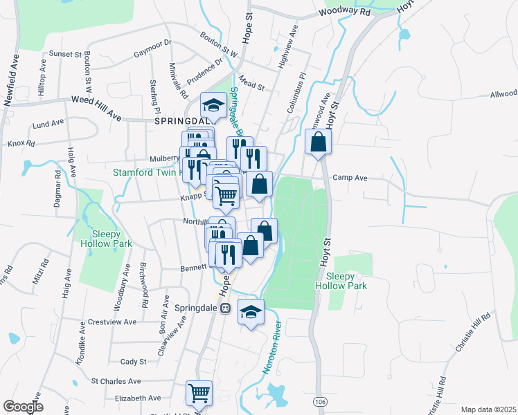 map of restaurants, bars, coffee shops, grocery stores, and more near 85 Camp Avenue in Stamford