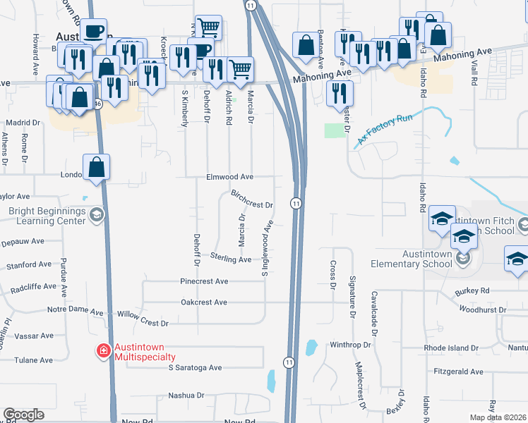 map of restaurants, bars, coffee shops, grocery stores, and more near 5115 Birchcrest Drive in Youngstown