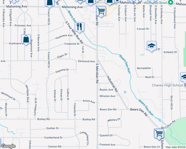 map of restaurants, bars, coffee shops, grocery stores, and more near 554 South Meridian Road in Youngstown