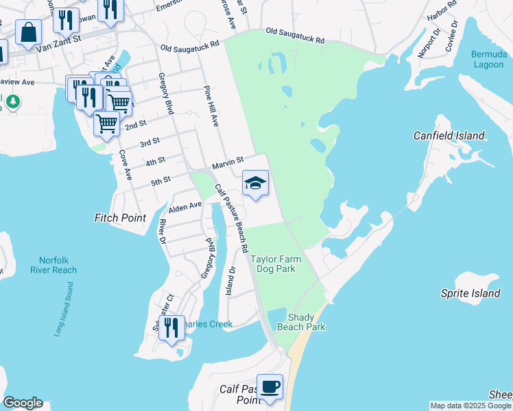 map of restaurants, bars, coffee shops, grocery stores, and more near 15 Calf Pasture Beach Road in Norwalk