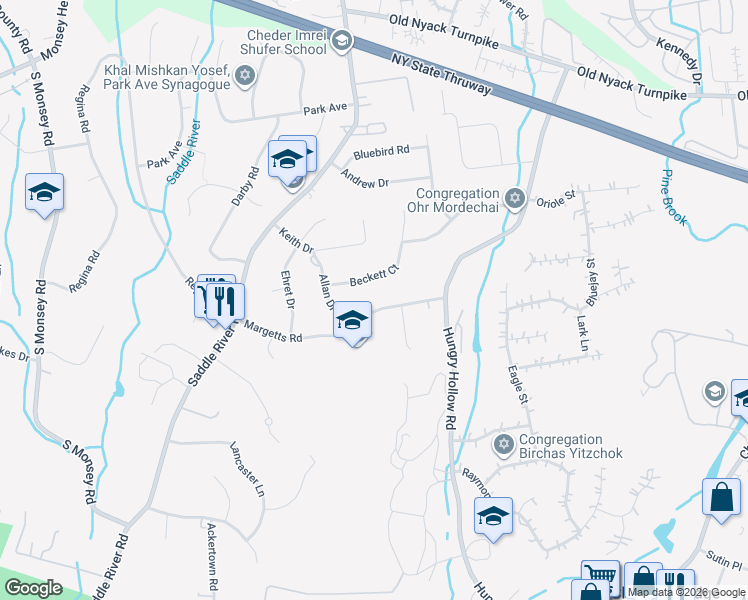 map of restaurants, bars, coffee shops, grocery stores, and more near 5 Beckett Court in Monsey