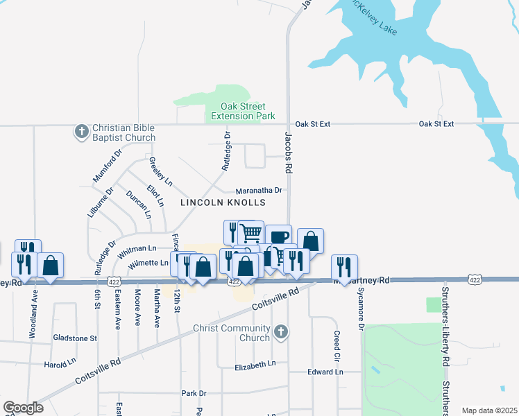 map of restaurants, bars, coffee shops, grocery stores, and more near 114 Gluck Street in Youngstown