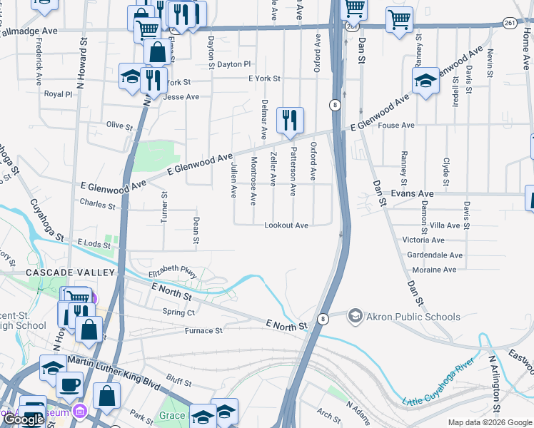 map of restaurants, bars, coffee shops, grocery stores, and more near 304 Zeller Avenue in Akron