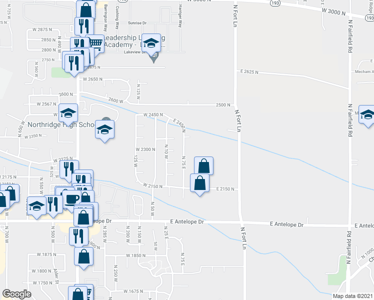 map of restaurants, bars, coffee shops, grocery stores, and more near 2302 North 75 East in Layton