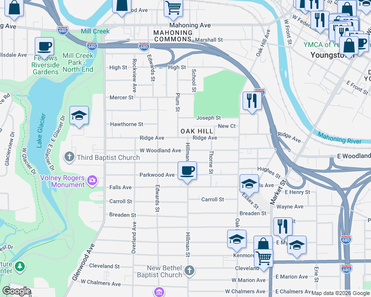 map of restaurants, bars, coffee shops, grocery stores, and more near 802 West Woodland Avenue in Youngstown