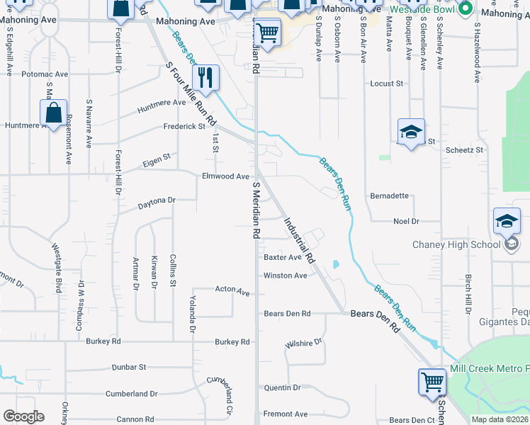map of restaurants, bars, coffee shops, grocery stores, and more near 557 South Meridian Road in Youngstown