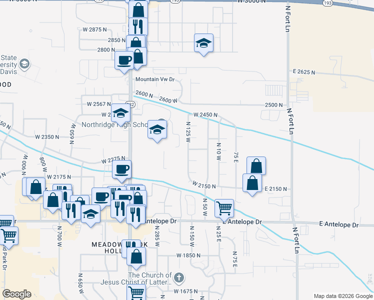 map of restaurants, bars, coffee shops, grocery stores, and more near 2285 125 West in Layton
