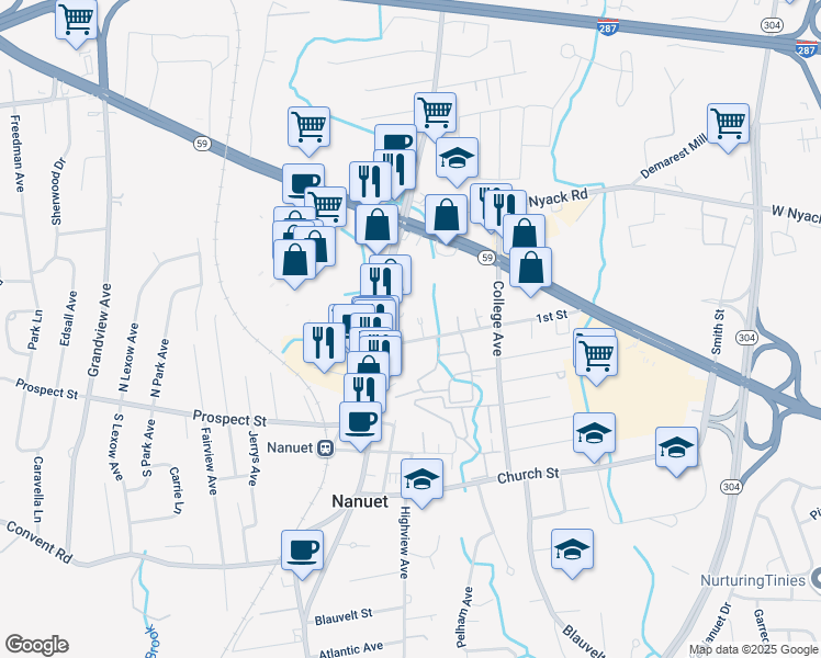 map of restaurants, bars, coffee shops, grocery stores, and more near 22 Normandy Village in Nanuet