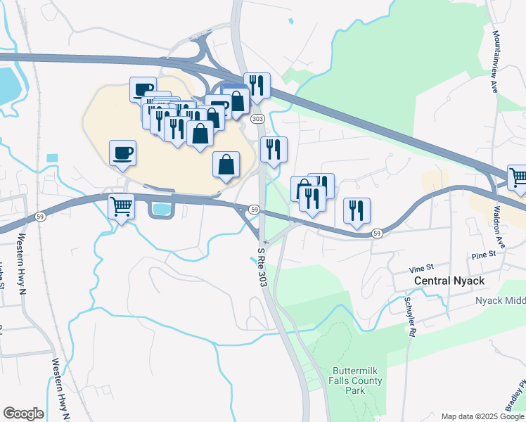 map of restaurants, bars, coffee shops, grocery stores, and more near 14 North Route 303 in Nyack