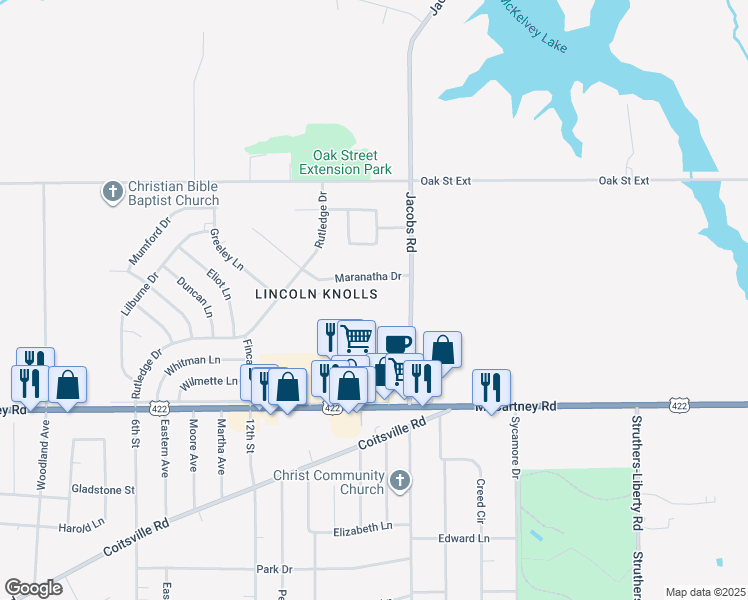 map of restaurants, bars, coffee shops, grocery stores, and more near 114 Gluck Street in Youngstown