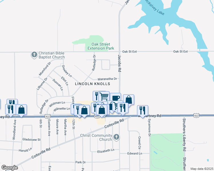 map of restaurants, bars, coffee shops, grocery stores, and more near 114 Gluck Street in Youngstown