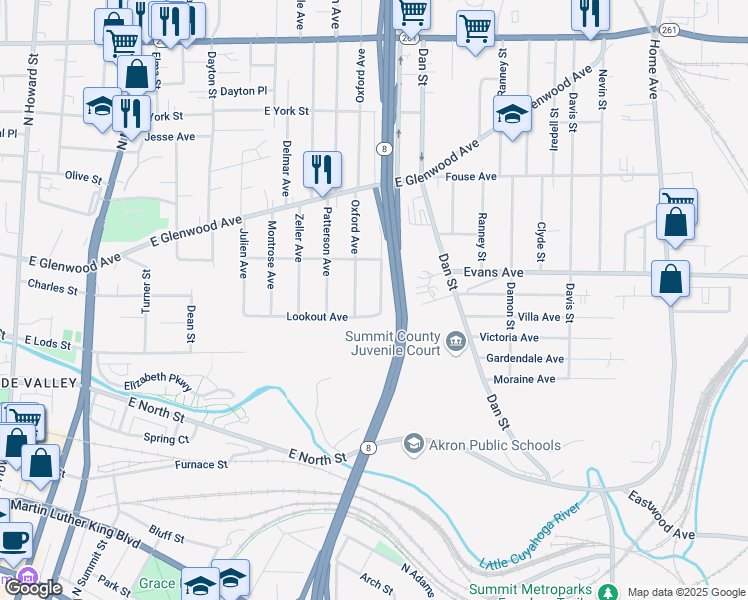 map of restaurants, bars, coffee shops, grocery stores, and more near 301 Oxford Avenue in Akron