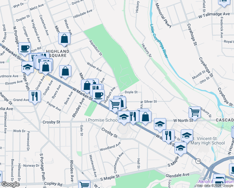 map of restaurants, bars, coffee shops, grocery stores, and more near 66 North Balch Street in Akron