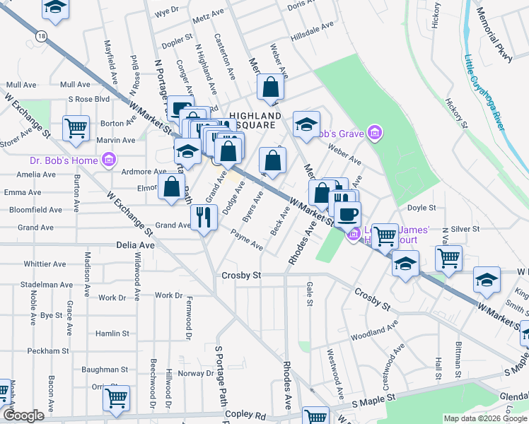 map of restaurants, bars, coffee shops, grocery stores, and more near 31 Byers Avenue in Akron
