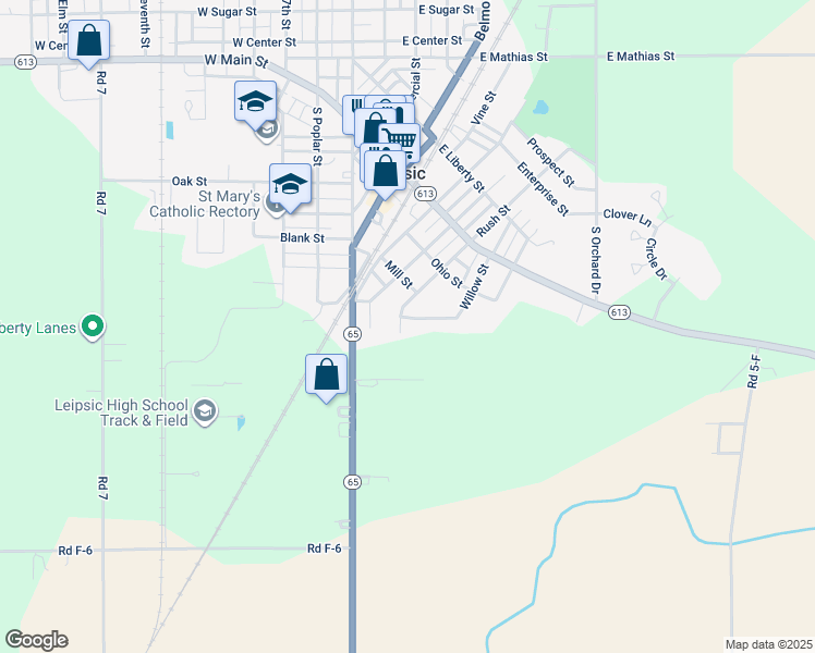 map of restaurants, bars, coffee shops, grocery stores, and more near 426 Rush Street in Leipsic