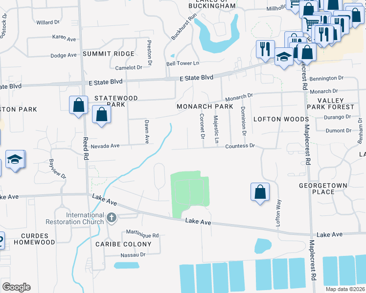 map of restaurants, bars, coffee shops, grocery stores, and more near in Fort Wayne