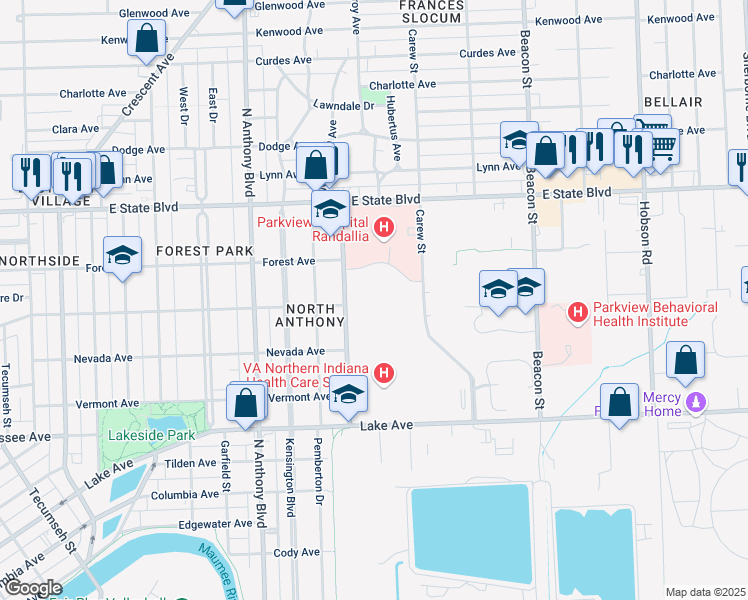 map of restaurants, bars, coffee shops, grocery stores, and more near 1900 Randallia Drive in Fort Wayne