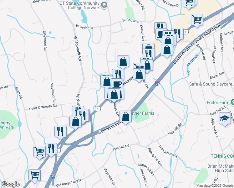 map of restaurants, bars, coffee shops, grocery stores, and more near 707 Connecticut Avenue in Norwalk