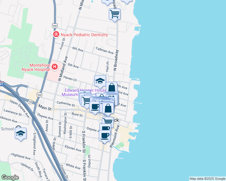 map of restaurants, bars, coffee shops, grocery stores, and more near 102 North Broadway in Nyack