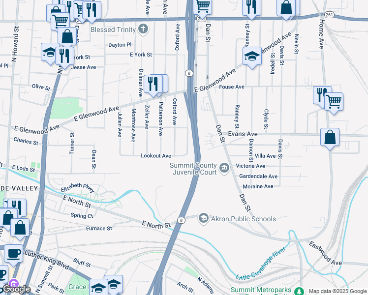 map of restaurants, bars, coffee shops, grocery stores, and more near 301 Oxford Avenue in Akron