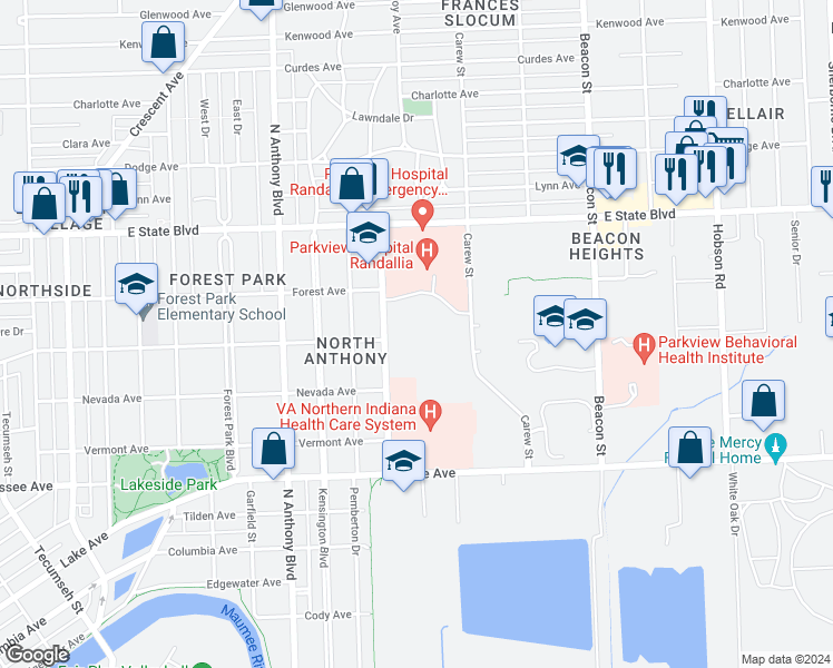 map of restaurants, bars, coffee shops, grocery stores, and more near 1900 Randallia Drive in Fort Wayne
