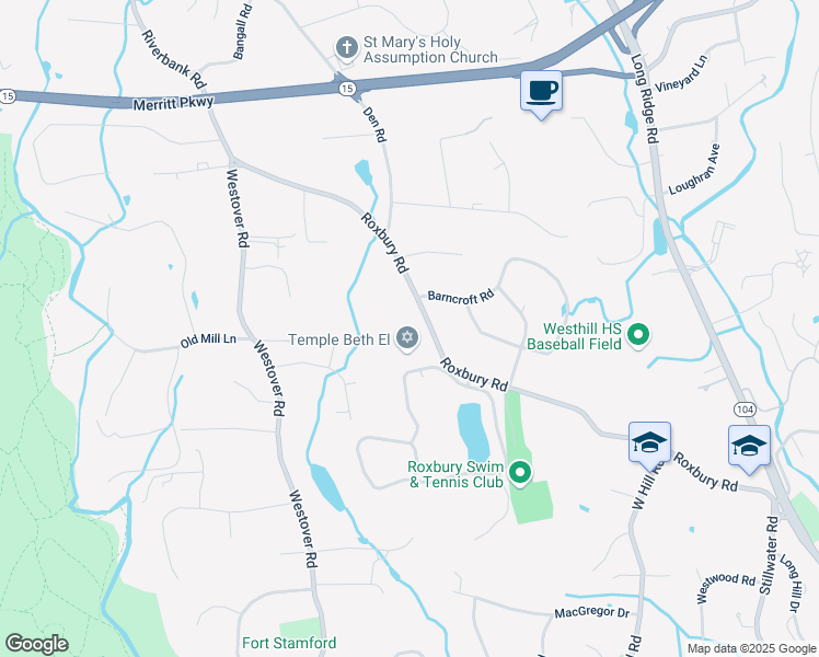 map of restaurants, bars, coffee shops, grocery stores, and more near 350 Roxbury Road in Stamford