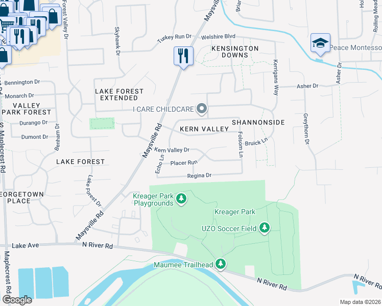 map of restaurants, bars, coffee shops, grocery stores, and more near 7504 Kern Valley Dr in Fort Wayne