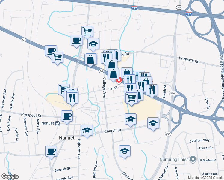 map of restaurants, bars, coffee shops, grocery stores, and more near 40 1st Street in Nanuet
