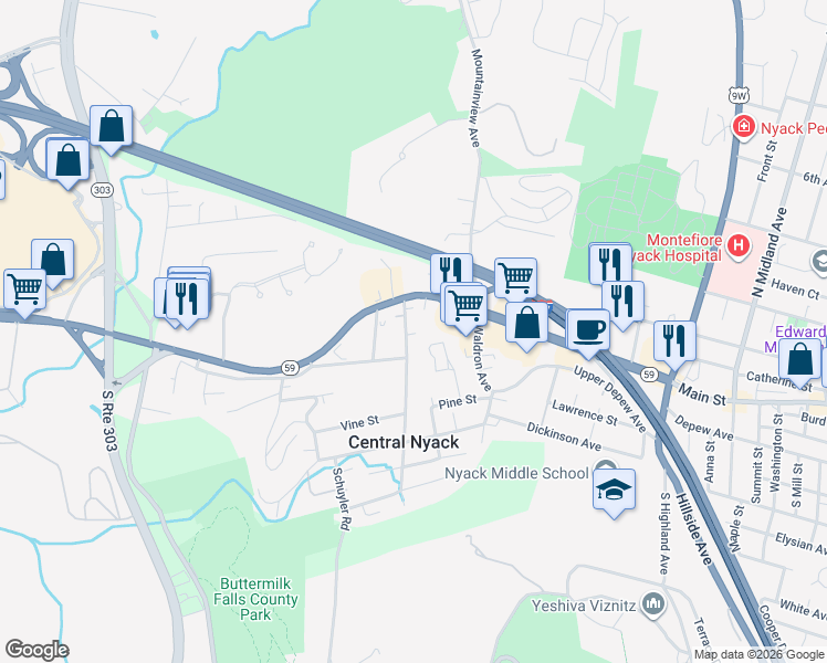map of restaurants, bars, coffee shops, grocery stores, and more near 21 West Broadway in Nyack
