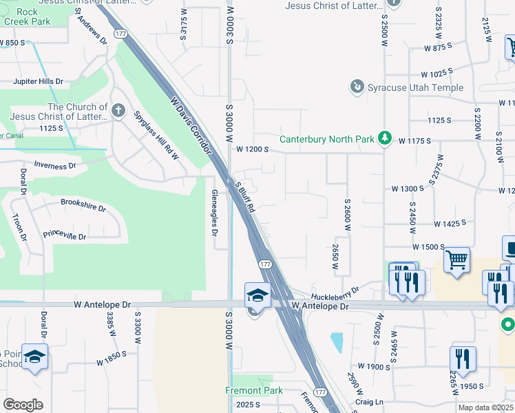 map of restaurants, bars, coffee shops, grocery stores, and more near 1343 South Bluff Road in Syracuse