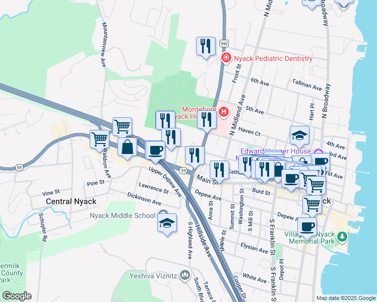 map of restaurants, bars, coffee shops, grocery stores, and more near 273 High Avenue in Nyack