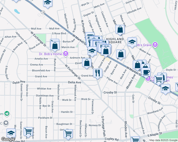map of restaurants, bars, coffee shops, grocery stores, and more near 120 Grand Avenue in Akron