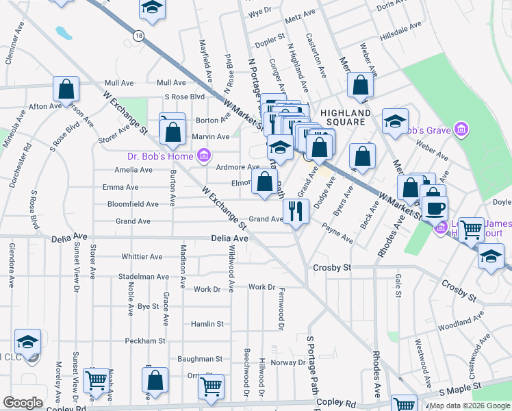 map of restaurants, bars, coffee shops, grocery stores, and more near 826 Bloomfield Avenue in Akron