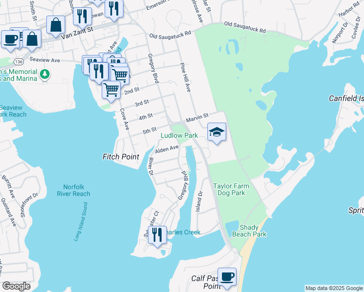 map of restaurants, bars, coffee shops, grocery stores, and more near 119 Gregory Boulevard in Norwalk