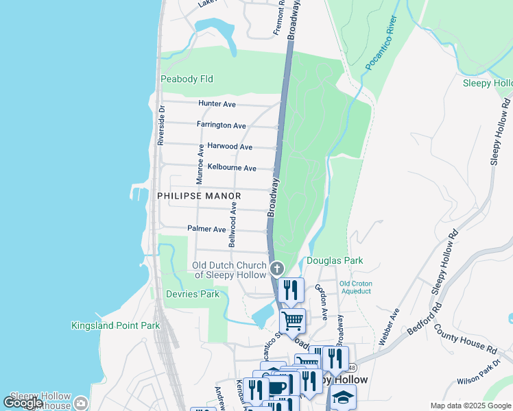 map of restaurants, bars, coffee shops, grocery stores, and more near 11 Highland Avenue in Sleepy Hollow