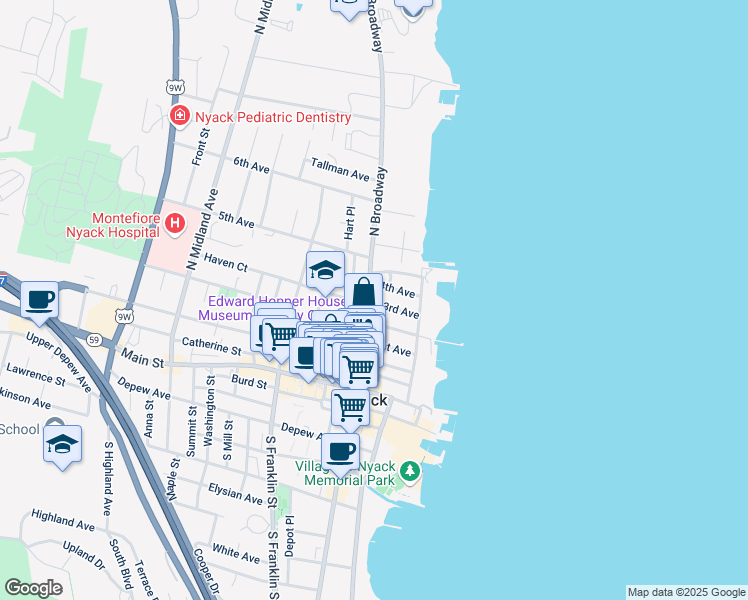 map of restaurants, bars, coffee shops, grocery stores, and more near 109 North Broadway in Nyack