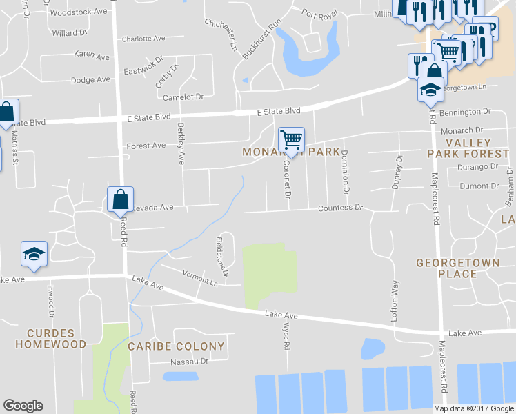 map of restaurants, bars, coffee shops, grocery stores, and more near 5509 Countess Drive in Fort Wayne