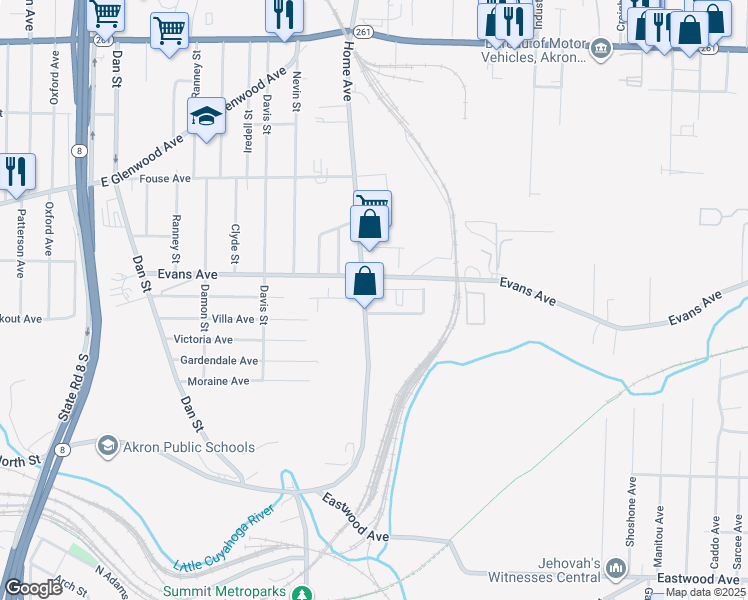 map of restaurants, bars, coffee shops, grocery stores, and more near 847 Home Avenue in Akron