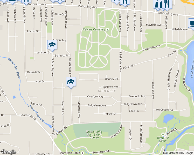 map of restaurants, bars, coffee shops, grocery stores, and more near 2206 Chaney Circle in Youngstown