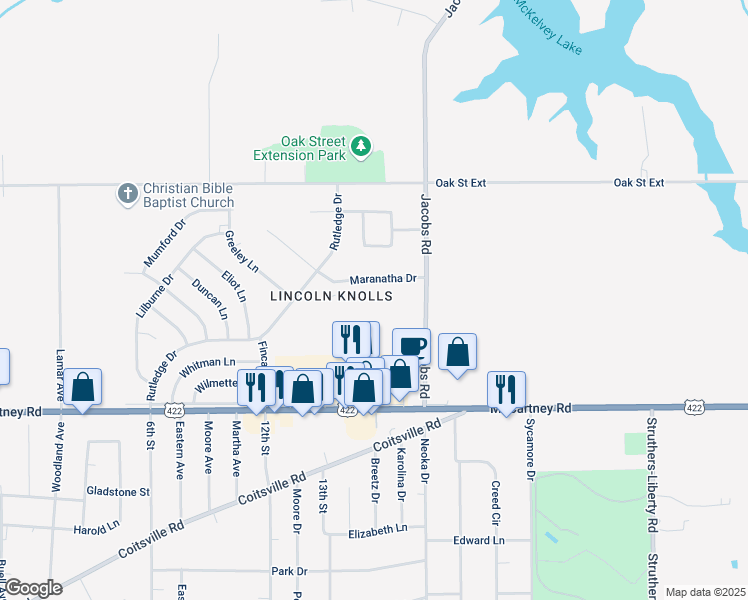 map of restaurants, bars, coffee shops, grocery stores, and more near 114 Gluck Street in Youngstown
