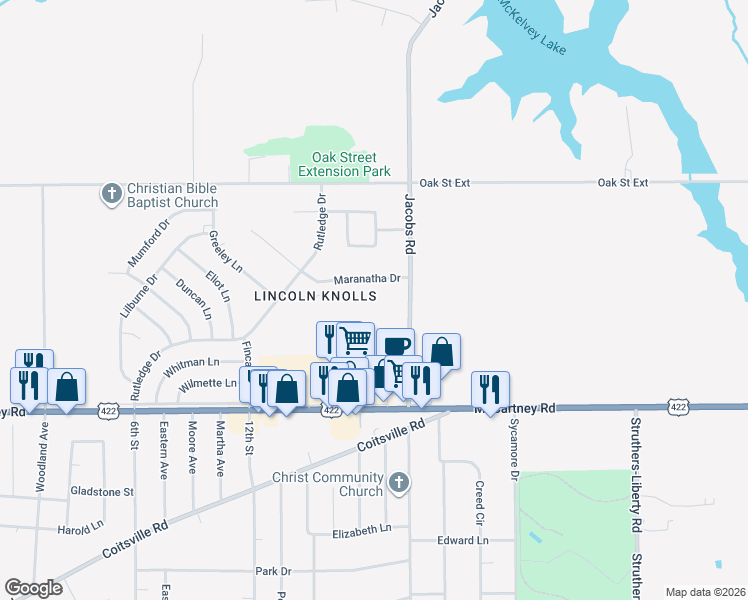map of restaurants, bars, coffee shops, grocery stores, and more near 114 Gluck Street in Youngstown