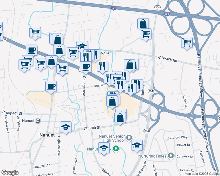 map of restaurants, bars, coffee shops, grocery stores, and more near Highway 59 in Nanuet