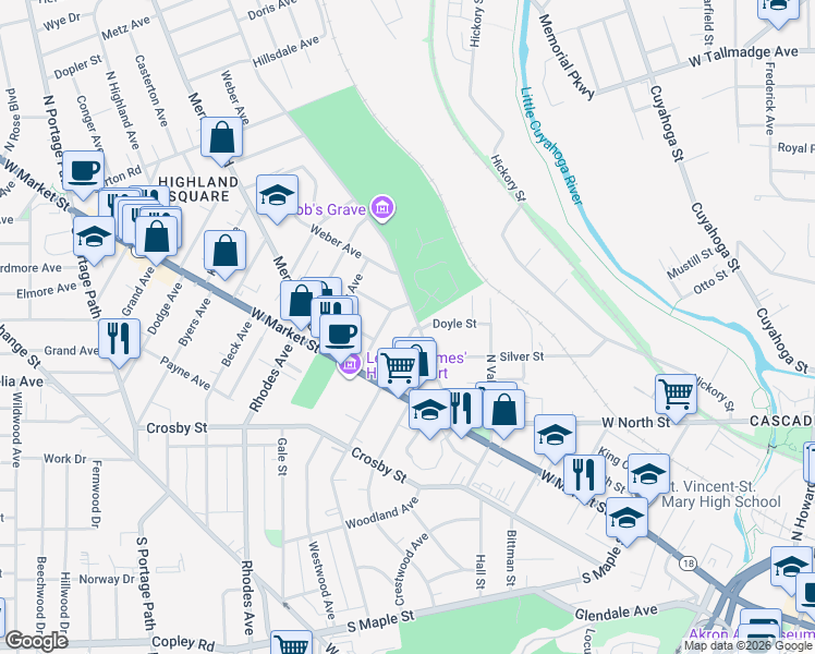 map of restaurants, bars, coffee shops, grocery stores, and more near 66 North Balch Street in Akron