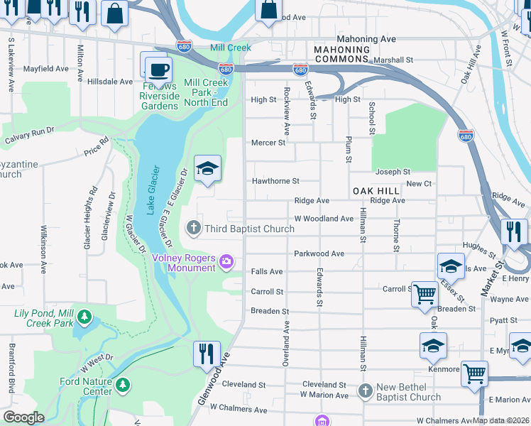 map of restaurants, bars, coffee shops, grocery stores, and more near 1034 West Woodland Avenue in Youngstown