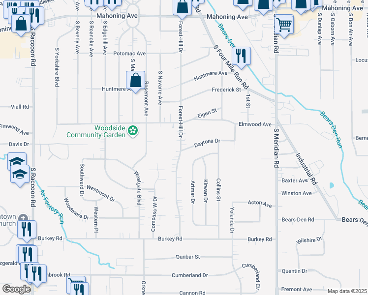map of restaurants, bars, coffee shops, grocery stores, and more near 353 Forest-Hill Drive in Youngstown