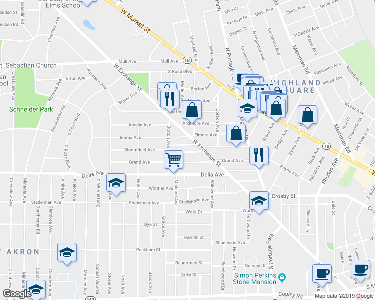 map of restaurants, bars, coffee shops, grocery stores, and more near 931 Bloomfield Avenue in Akron