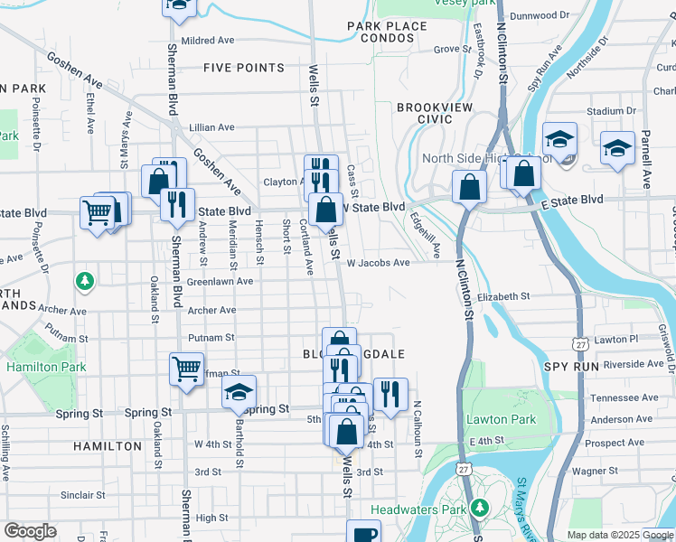 map of restaurants, bars, coffee shops, grocery stores, and more near 2009 North Wells Street in Fort Wayne