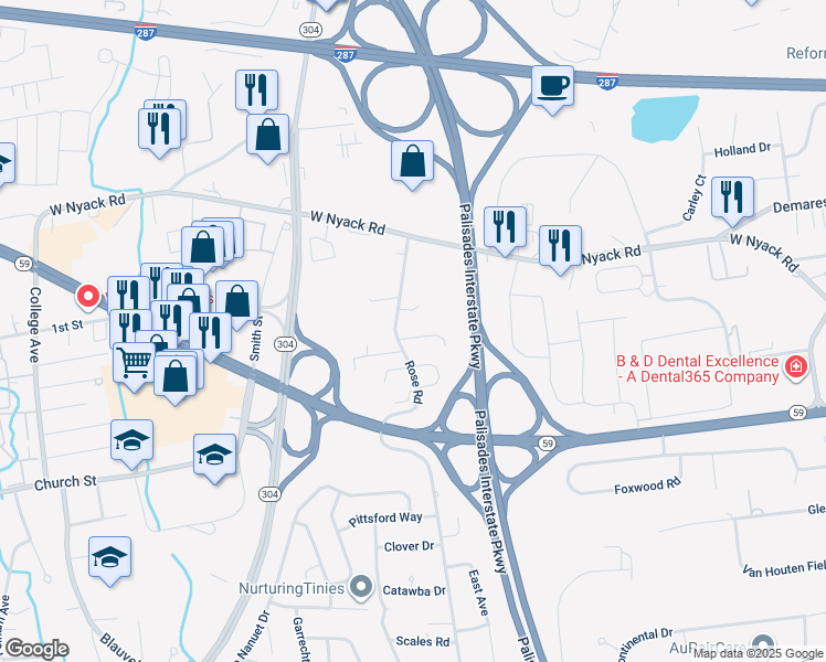 map of restaurants, bars, coffee shops, grocery stores, and more near 3 Debra Lee Court in West Nyack