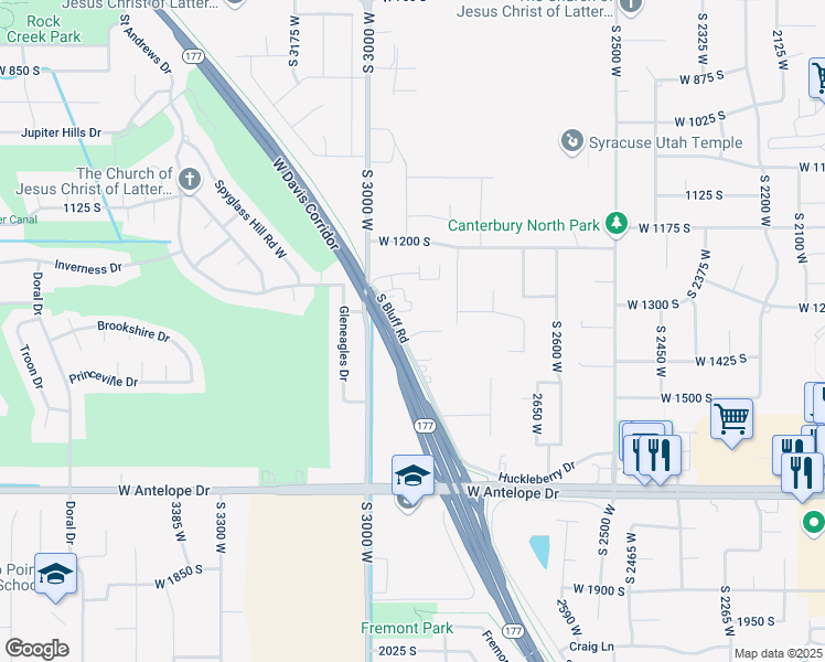 map of restaurants, bars, coffee shops, grocery stores, and more near 1343 South Bluff Road in Syracuse