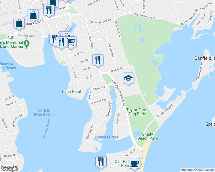 map of restaurants, bars, coffee shops, grocery stores, and more near 119 Gregory Boulevard in Norwalk